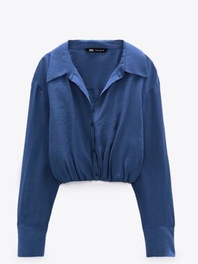 Zara Blue Button-Front Shirt Top Cropped Cinched Waist